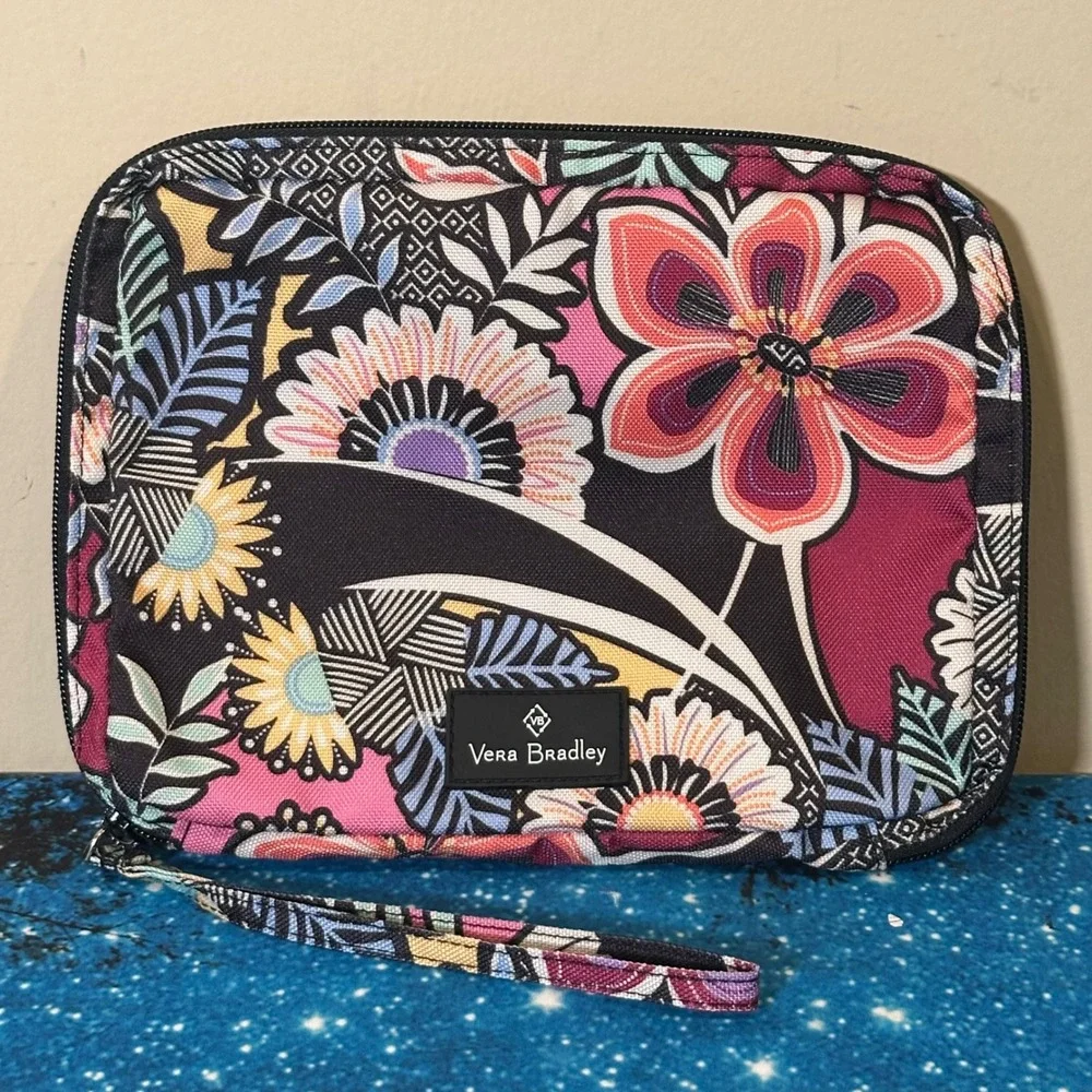 Vera Bradley Floral Canvas Cosmetic Case Wristlet Bag Pink Black Multi